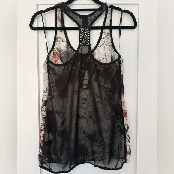 BNWOT GUESS Sheer Graphic Tank Top | Studded Back | Racerback | Size M - Picture 3 of 6